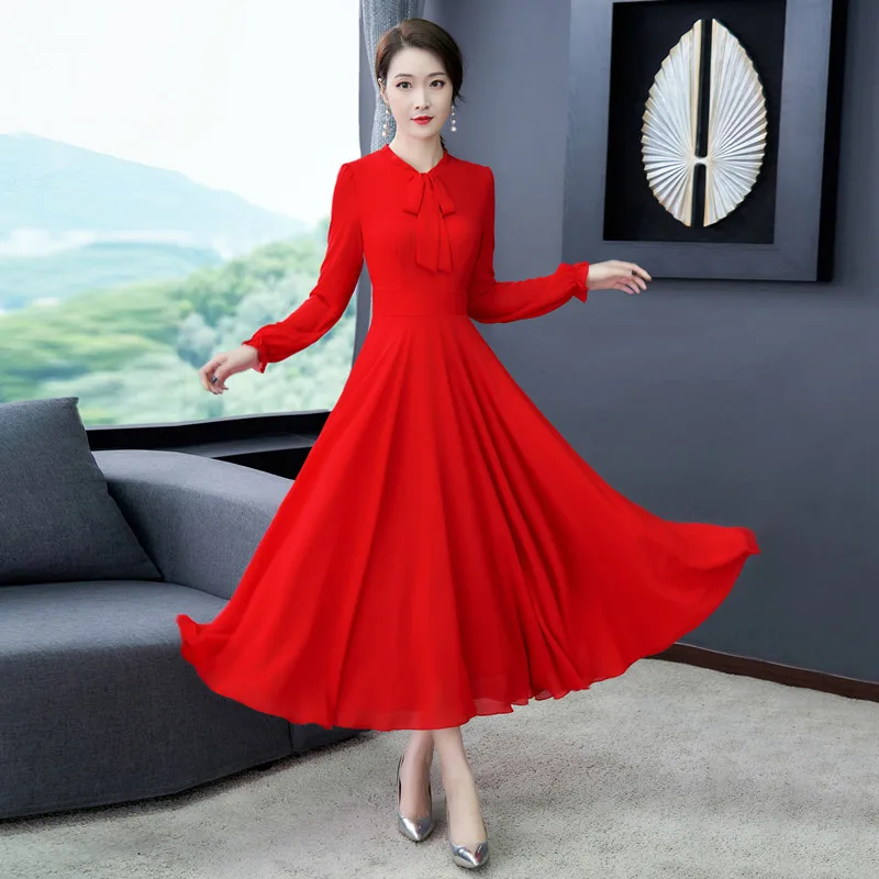 

2022 New Cash Long Sleeve Chiffon Dresses Fashion Plus Size Waist Dress Women Long Big Red Dancing Long Evening Dresses