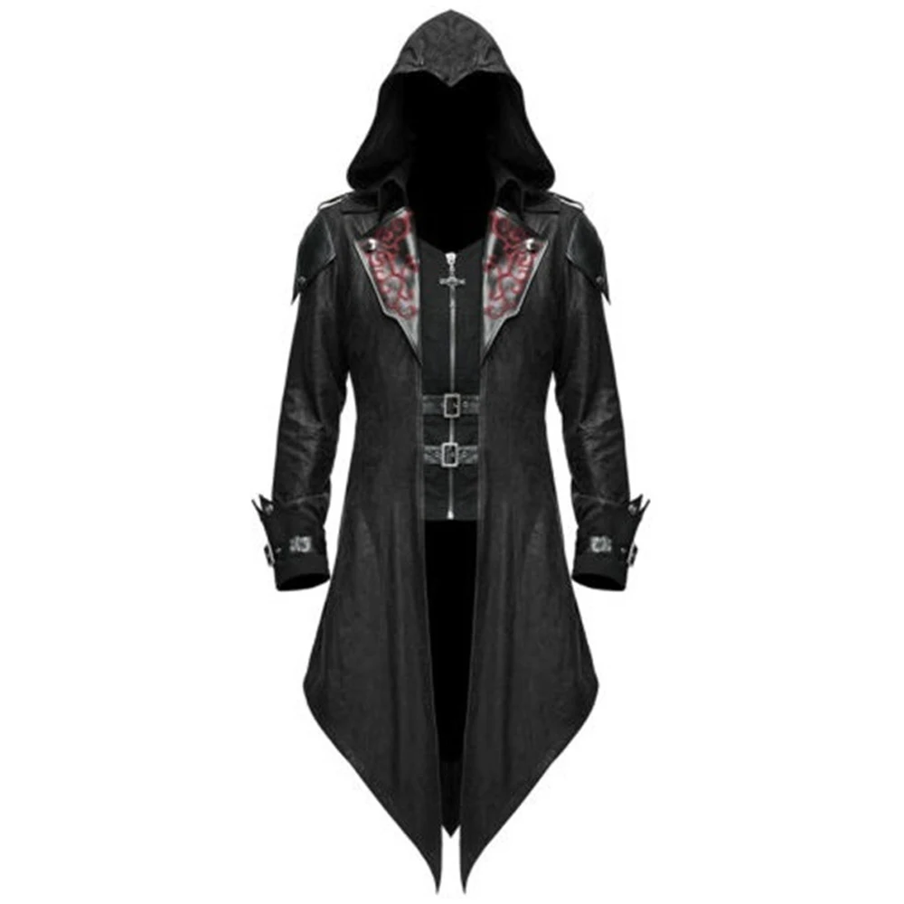 

Medieval Steampunk Gothic Hooded Leather Jacket Retro Splicing Dovetail Jacket Male Dark Costume Halloween Cosplay For Men