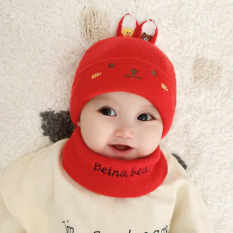 Cute Winter Warm Toddler Kids Girl &amp Boy Baby Infant Hat Ear Beanie Cap With Scarf Beanies | Детская одежда и обувь