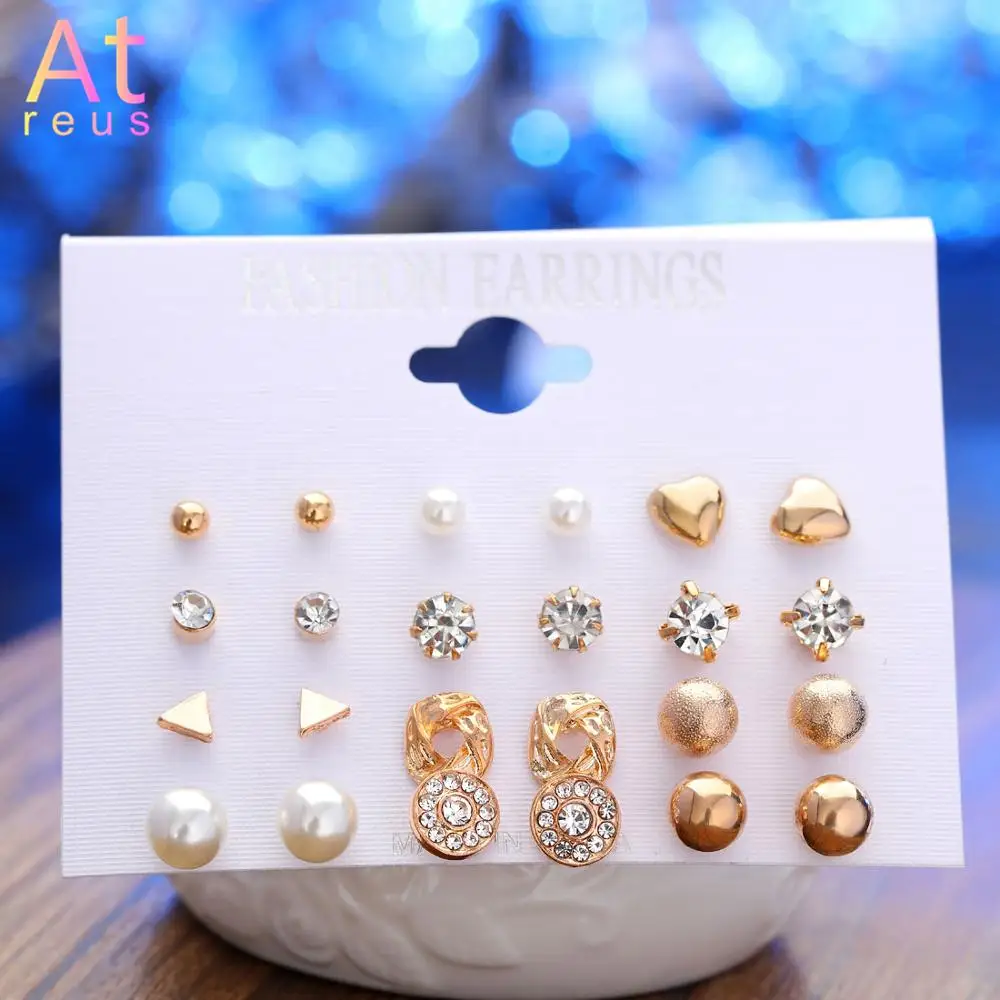 Серьги-гвоздики Женские квадратные с кристаллами и цветком 12 пар/уп. Комплект