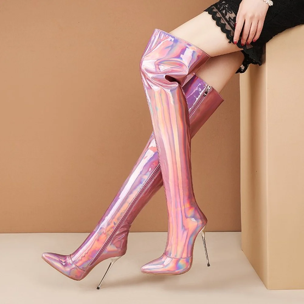 

OEING Womens Pointed Toe Patent Leather Over Knee Thigh Boots Stilettos High Heel Shoes Glitter Laser Mirror Shiny Long Sz