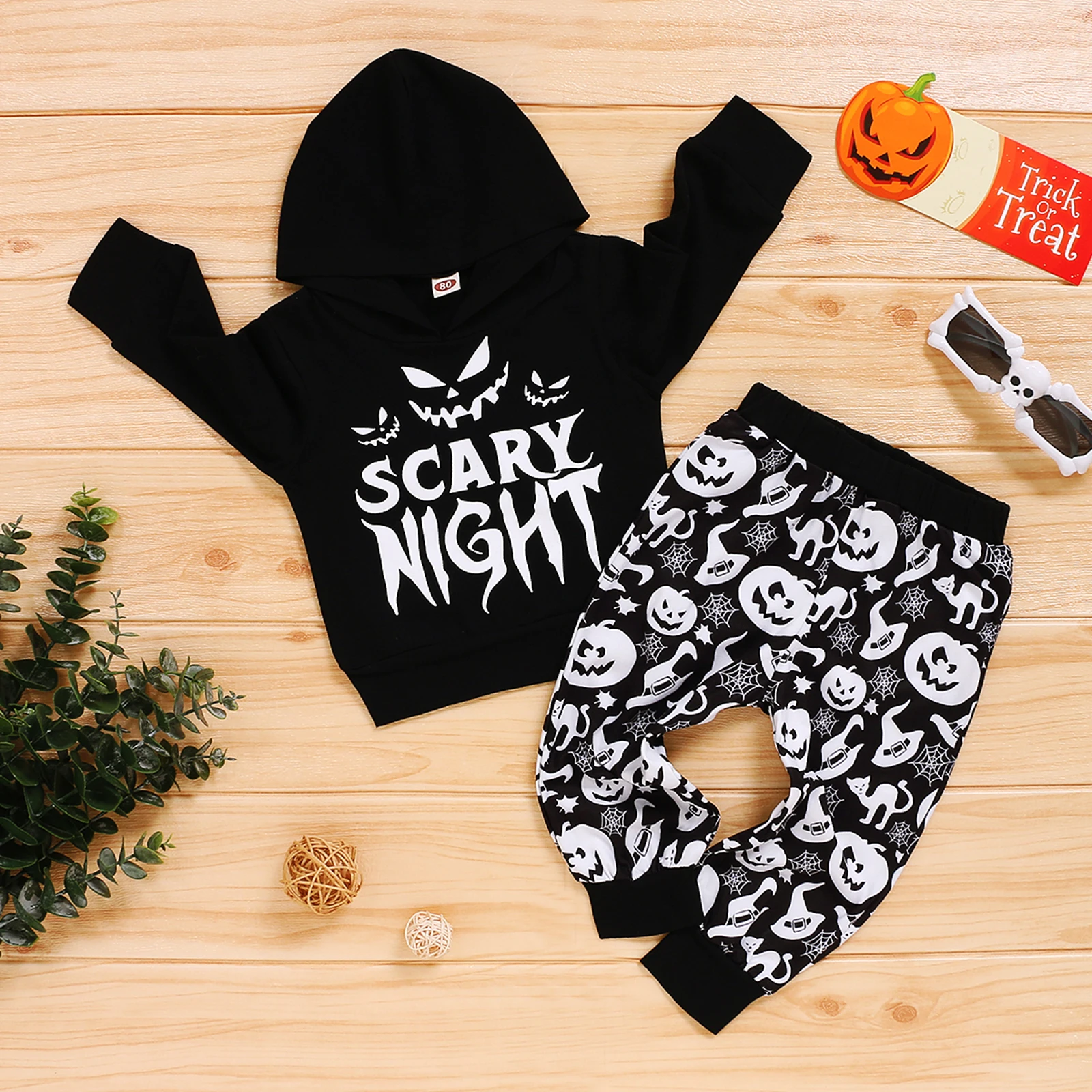 

Детский спортивный костюм на Хэллоуин, свитшот с капюшоном и длинными рукавами и штаны с принтом тыквы для мальчиков и девочек 1-4 года, 2 шт.