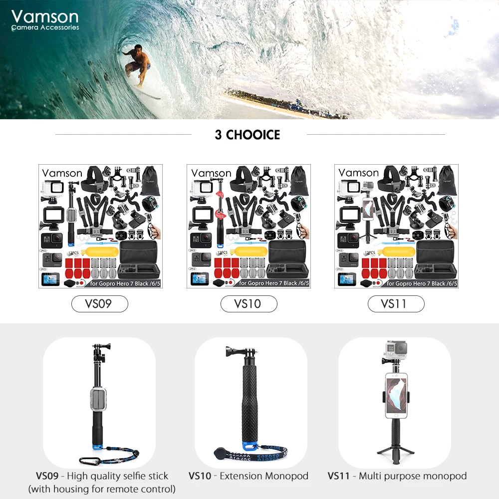 Купить Набор аксессуаров Vamson для Gopro 7 6 5, водонепроницаемый корпус, защитный чехол, монопод для Gopro Hero 6 5, Спортивная камера Vamson VS10