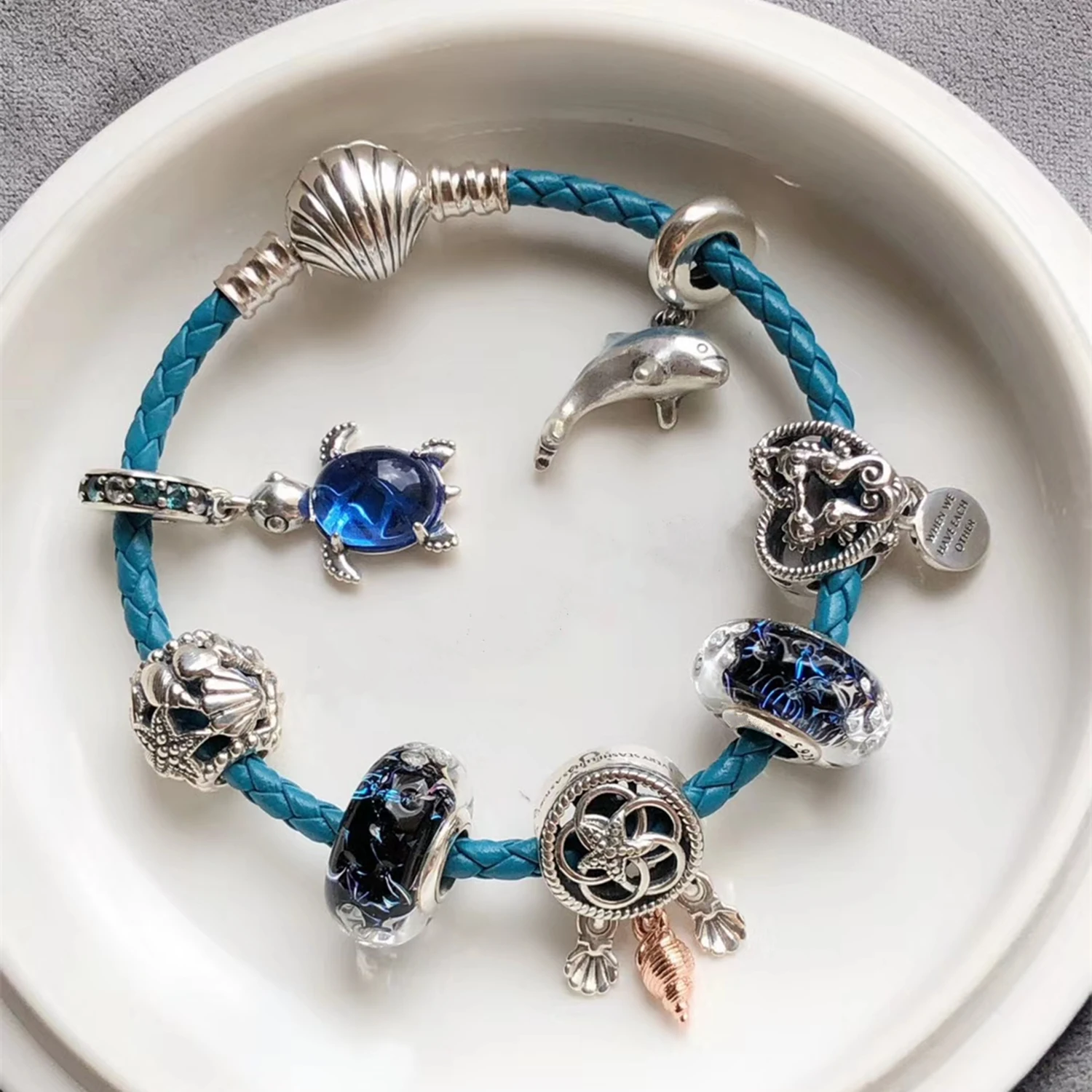

New 925 Sterling Silver Bracelet Ocean Shell Blue Leather With Turtle Charm Dolphin Suitable For Women'S Popular Jewelry
