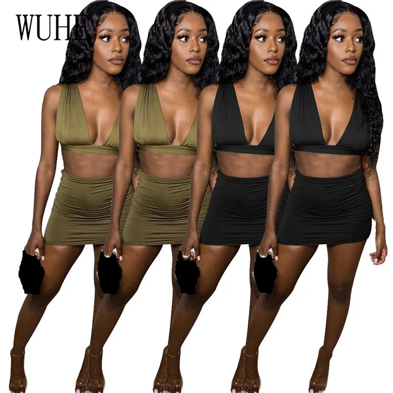 

KEXU Nightclub Two Piece Suits Sleeveless Sexy V Neck Top Drawstring Pleated Lace Up Mini Skirts Party Casual Streetwear Outfits