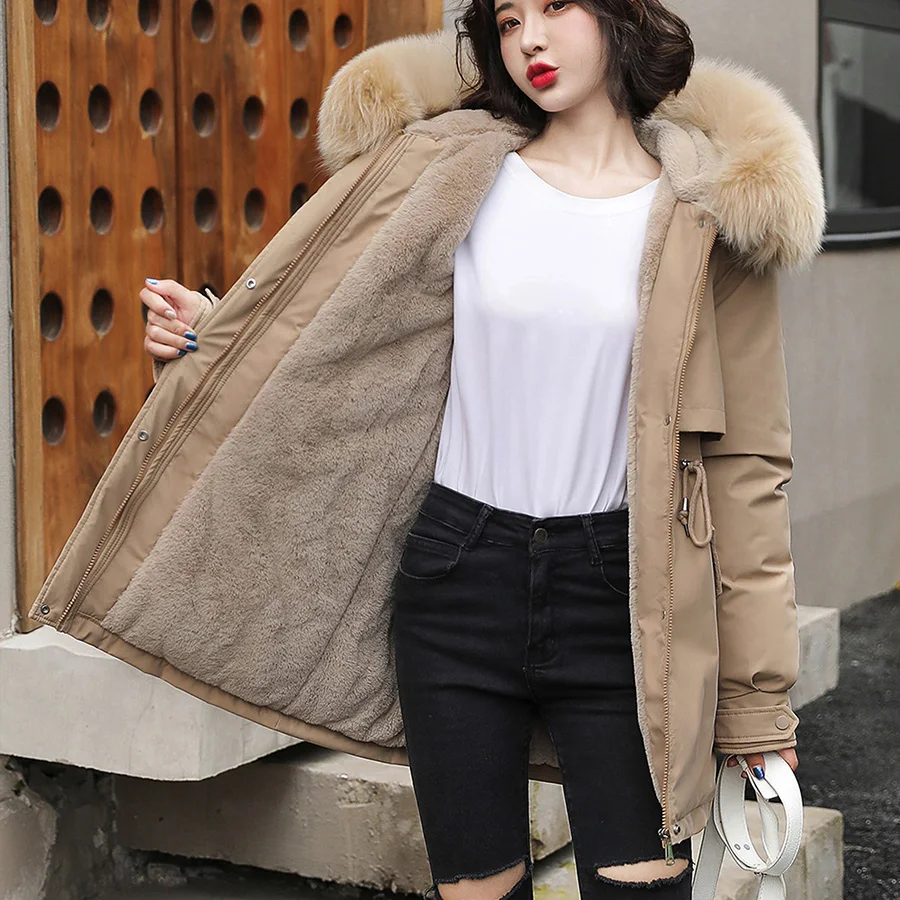 

Winter Down Jacket Female 2021 Thick Wool Liner Parkas Warm Long Jackets Hooded Big Fur Collar Parka Inside Cotton Coat Female