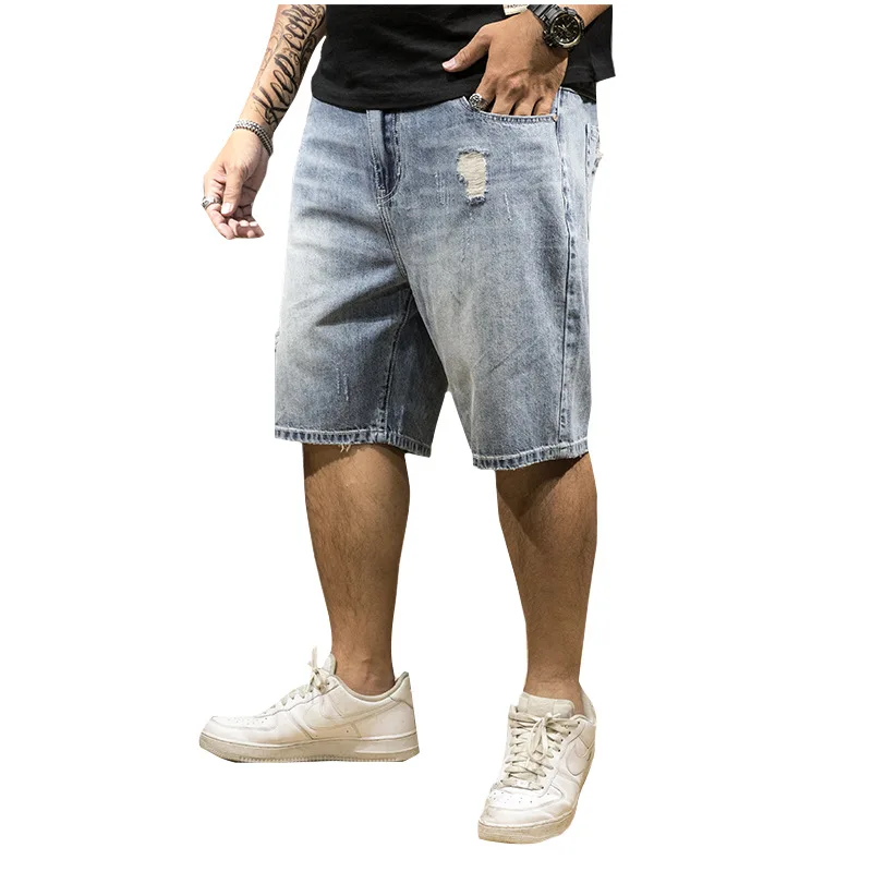 

Men's denim shorts light men's summer large size men's loose thin tide hole oversized five-point men shorts cotton big size men