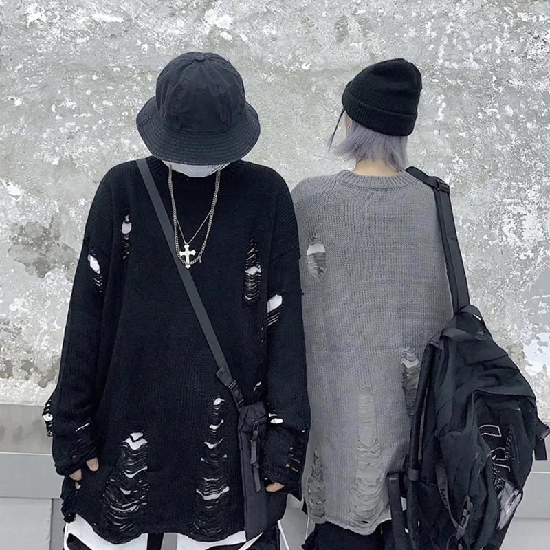 Черный светло-серый панк унисекс длинный свитер 2020 женский мужской с дырками