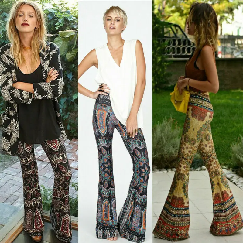 Women's Boho Hippie High Waist Printed Wide Leg Long Flared Bell Bottom Pants | Женская одежда