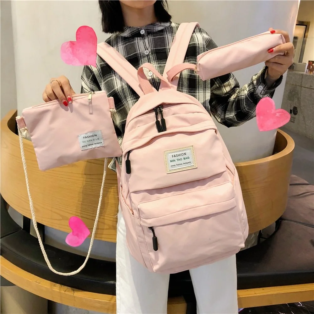 

Women Fashion Travel Backpack Student Girls Shoulder Bag Casual Teenage Girl Solid Color School Bag Casual 3 set