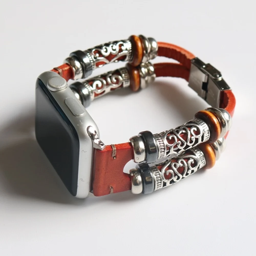 For Apple Watch Series 5 4 3 2 Band Handmade Beads Retro Leather Bracelet Strap for iWatch 40mm 44mm 38mm42mm Wristband Belt