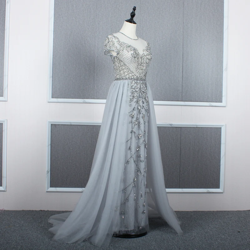 Luxury Real Image Red Gown Beaded Crystals Sheer O Neck Short Sleeves Lace Evening Dress with Tulle Overskirt