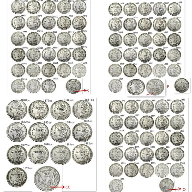 Juego completo de US (1878-1921), P/S/D/O/CC, 96 piezas, dólar estadounidense, moneda de copia plateada