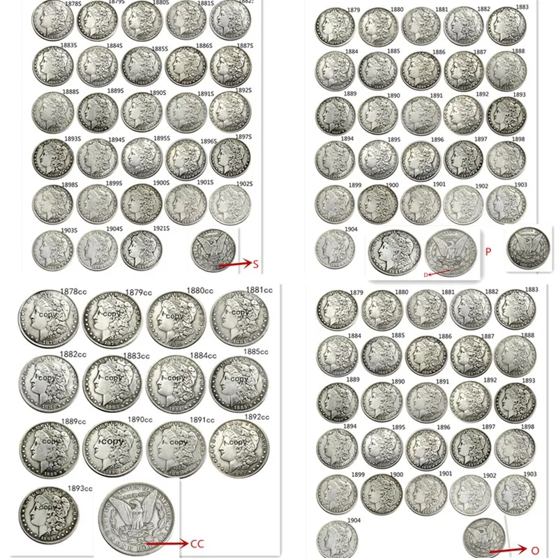 Полный комплект США (1878 1921) P/S/D/O/CC 96 шт. копировальные монеты с посеребренным