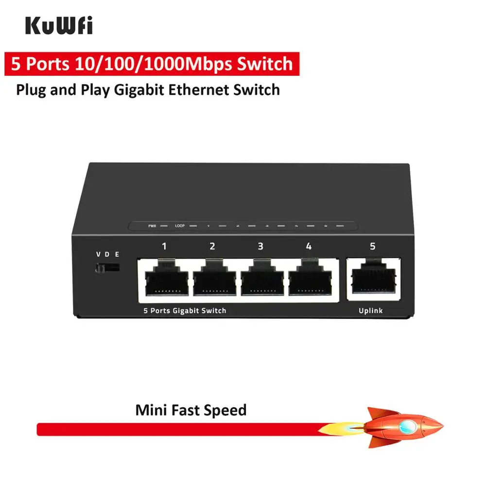 

KuWFi 5 Port Gigabit Switch Mini 10/10/1000Mbps Desktop Fast Ethernet Switch RJ45 LAN Hub/ Full or Half duplex Exchange