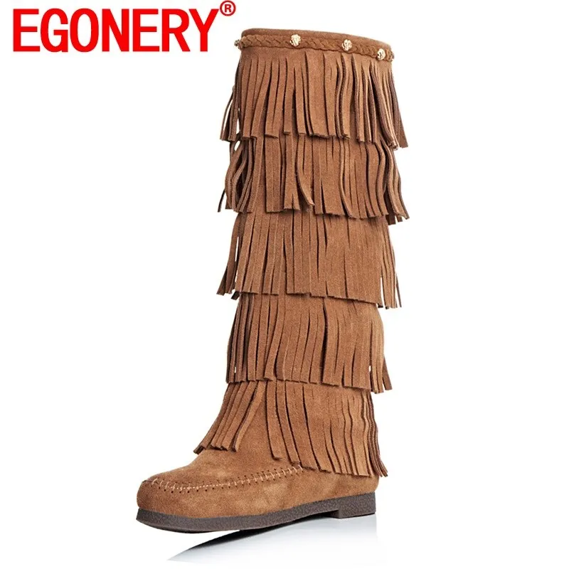 

EGONERY/обувь женская модная зимняя обувь на высоком каблуке сапоги 2020 Зима Новое поступление Женская Ретро Стиль, обувь с кисточками, круглый ...