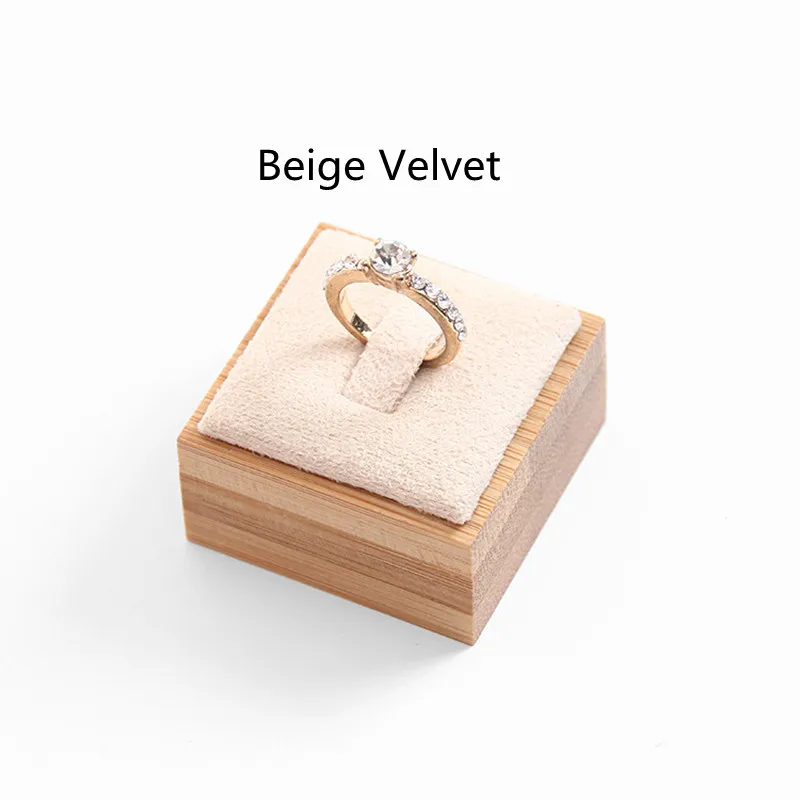 Beige Velvet Бамбуковые деревянные кожаные кольца Дисплей Стенд креативная коробка для демонстрации колец Держатель ювелирных изделий стенд - Цвет: Beige Velvet