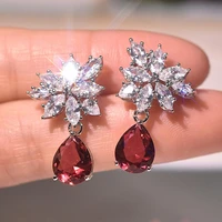 black angel 2020 new water drop red tourmaline ruby white zircon flower 925 silver dangle earring for women wholesale jewelry