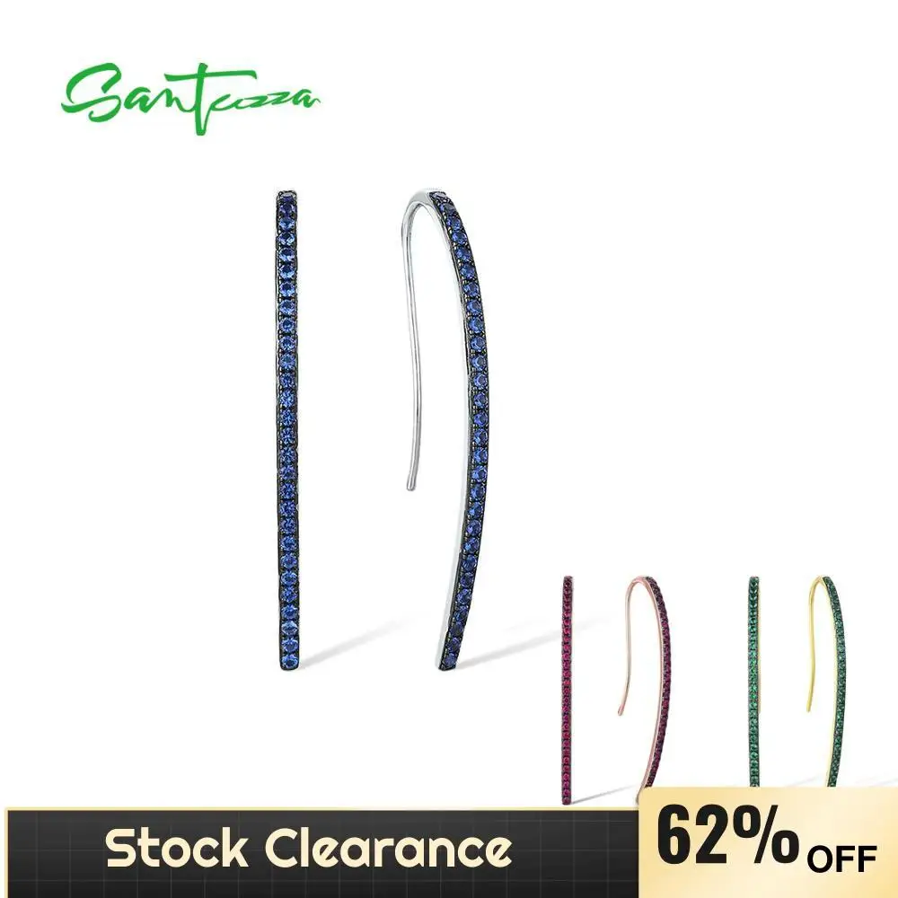 

SANTUZZA 925 Sterling Silver Earrings For Women Shiny Created Ruby Blue Nano CZ Green Spinel Hook Earrings Trendy Fine Jewelry