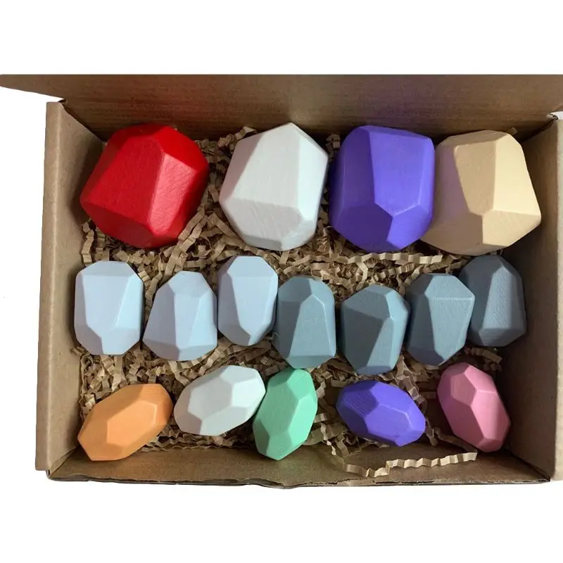 

16 Pcs Children Wood Colored Stone Stacking Game Building Block Educational Toys XX9E