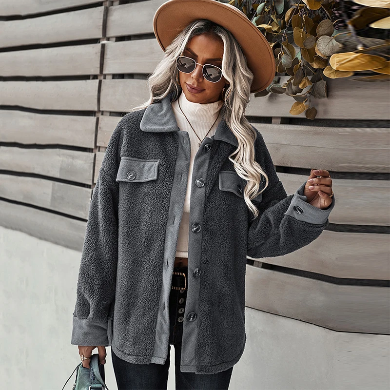 

2021 Women's Turn-down Collar Button Autumn Jacket Casual Long sleeve Ladies outerwear Fashion Soft Warm Winter Fleece top