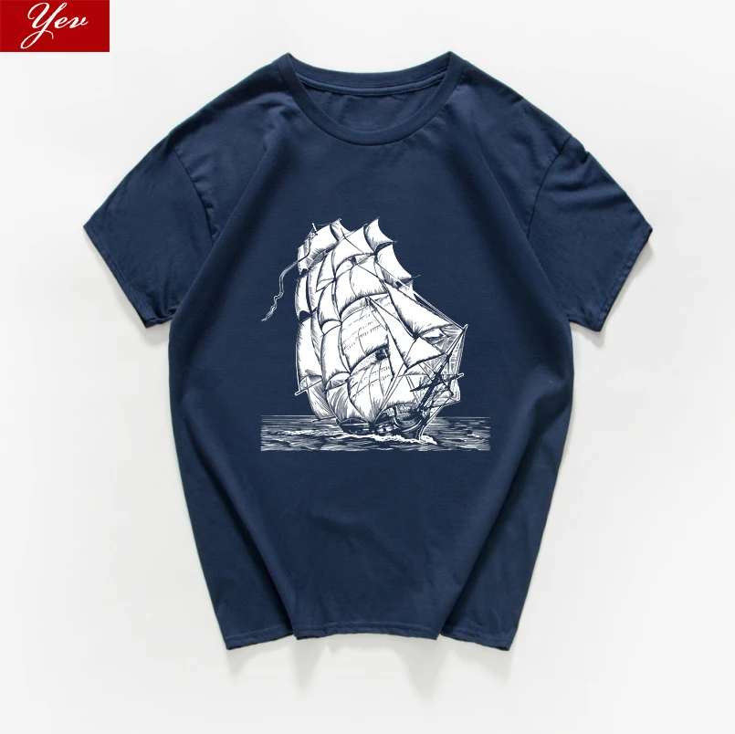 Женская винтажная хлопковая Футболка с принтом корабля летняя повседневная