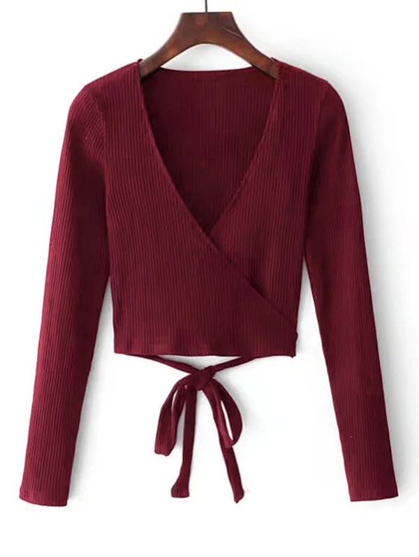 ZAFUL трикотажный ребристый топ с запахом женский v образным вырезом однотонный