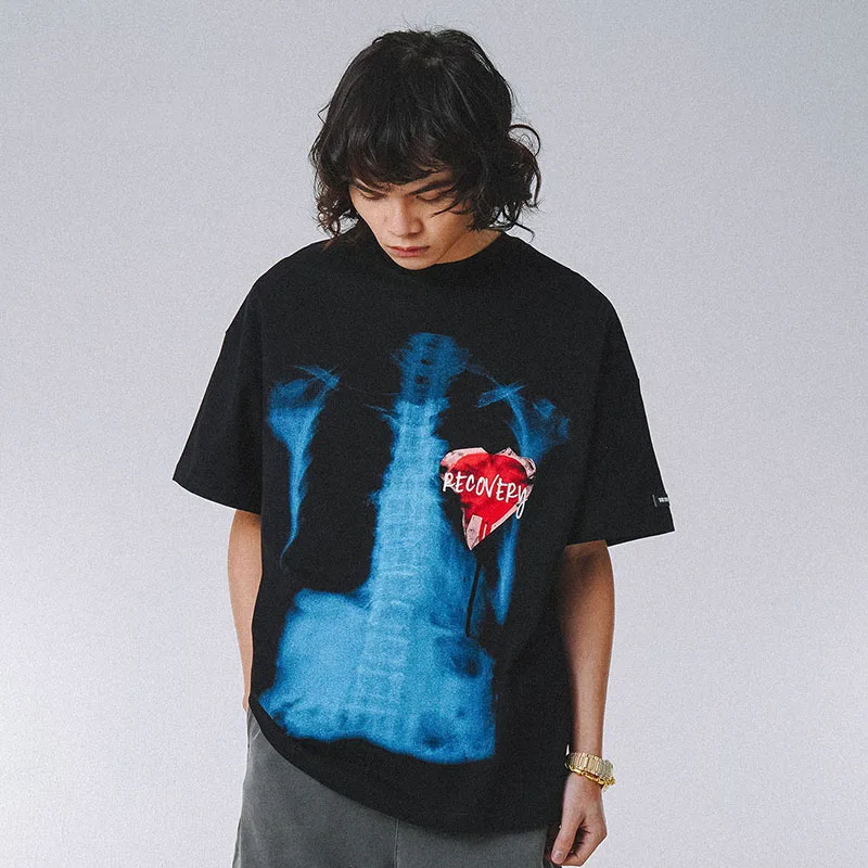 

Hip-hop Vintage T Shirt Men Skull Heart Print Cotton T-shirts Women High Street Vibe Camisetas Summer Baggy Couple Streetwear