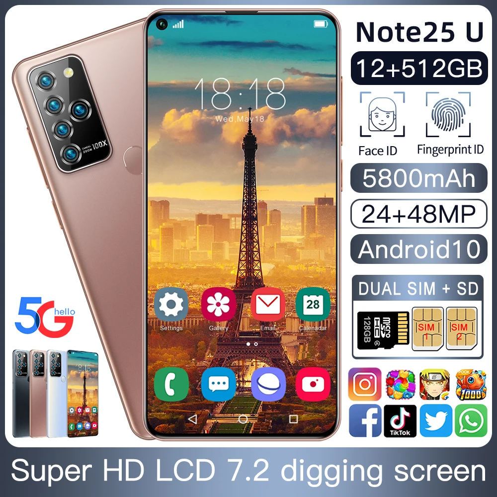 

Note25U 7.2Inch 12GB 512GB New Smartphones 24MP+48MP Android 10 5800mAh Ten Core Really MTK6889 4G 5G Dual SIM Global Version