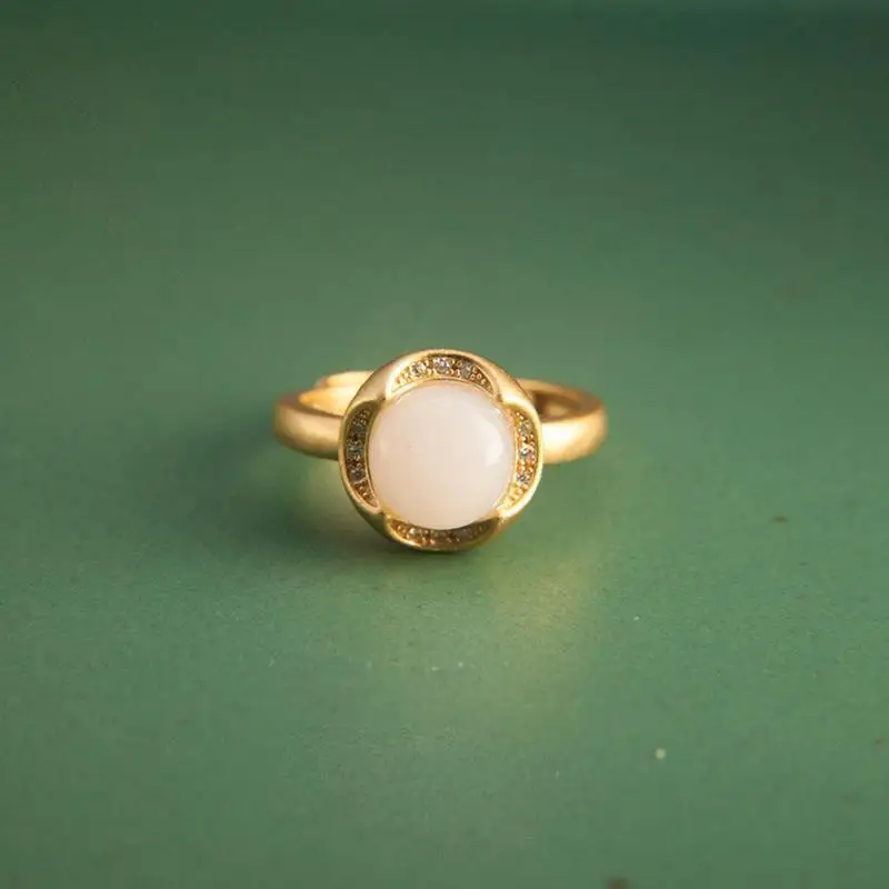 

S925 Sterling Silver Hetian Jade White Jade Gray Jade Ladies Ring Gold Fashion Graceful Personality Bud Ring Ring