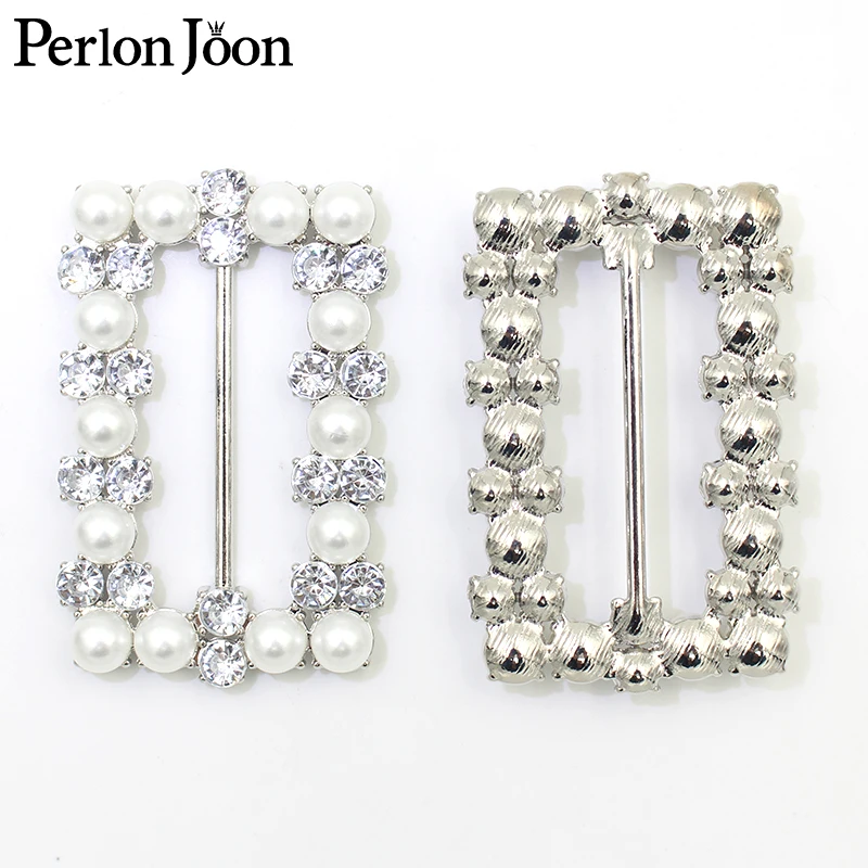 

2pcs 6cm(inner 4.5cm) rectangle pearl Acrylic crystal rhinestons wedding dress silver crystal belt buckel accessories KT023