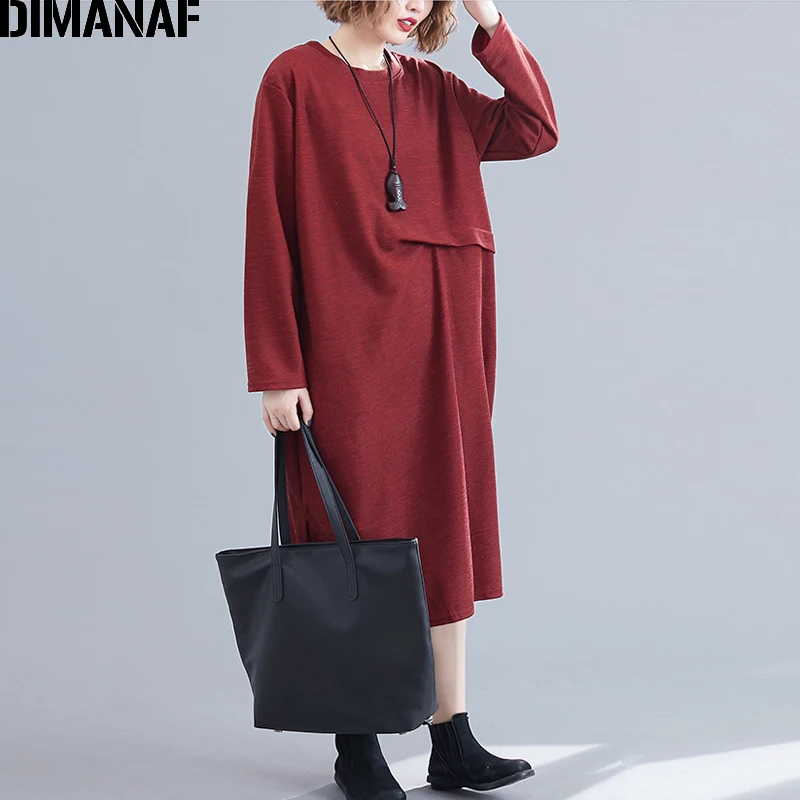 Niu99161CN-hong DIMANAF женское платье большого размера, осеннее, с длинным рукавом, со складками, базовое, повседневное, большой размер, женское, Vestidos, свободное, трикотажное, тонкое - Цвет: Niu99161CN-hong