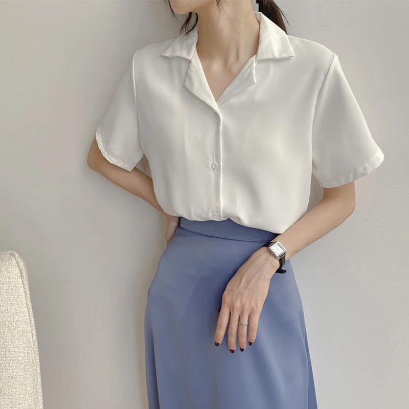 

Maorcho Casual Women's Shirt Summer Solid Color Tops Short Sleeve Thin Single-Breasted Loose Office Lady 2021 New