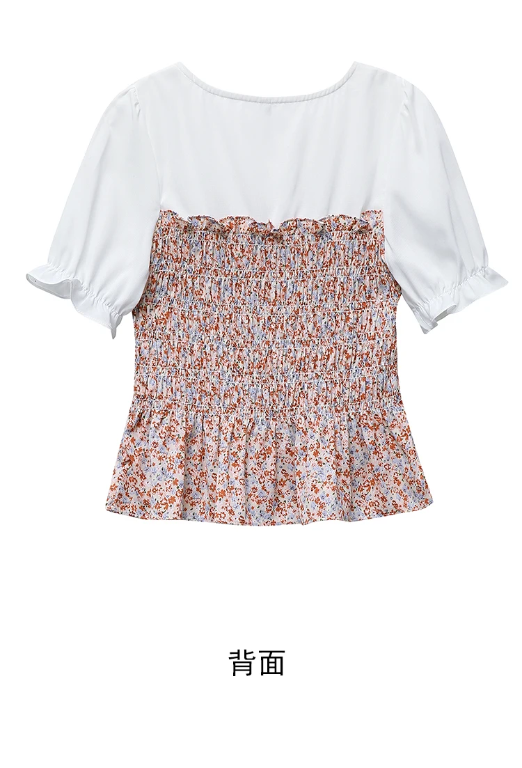 

O-neck Women Blouse Chiffon Blouses Short Sleeve Tops Loose Printing Fashion Shirt Casual New lantern Sleeve Patchwork 10073