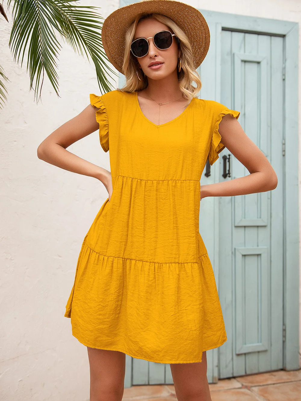 

2021 Women Summer New Casual Dress Loose V-neck Ruffles Short Sleeve Mini Dresses Lady Office Vestido Bodycon Party Elegant Robe