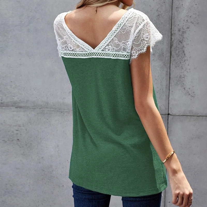 

Fashion Women Lace Printed Top T-shirt 2021 Summer Short Sleeve Sexy T Shirt Ladies Patchwork Printed Tops T-shirt