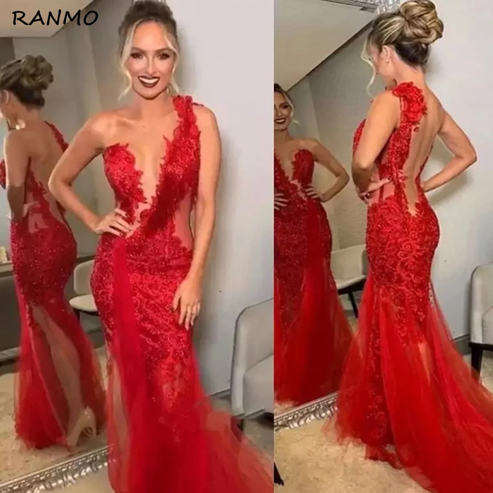 

Sexy Lace Illusion Mermaid Evening Dresses 2021 Sleeveless Women Party Dress Backless Prom Gowns V Neck Vestido Robes