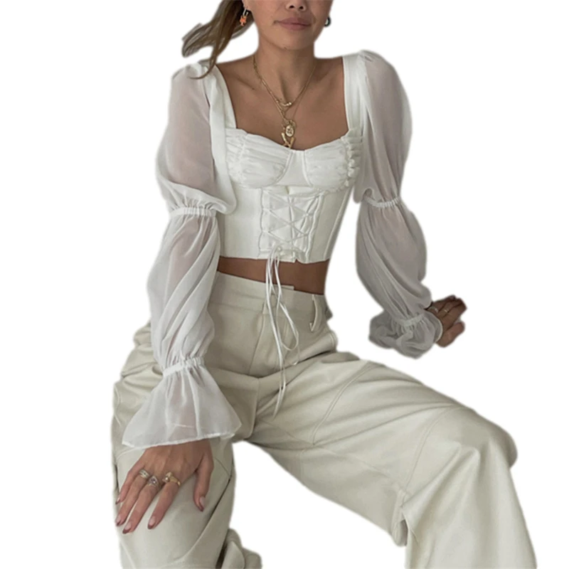 

Hirigin Women\u2019s Casual Long Sleeve T-shirt Fashion Solid Color Square Collar Bandage Exposed Navel Tops
