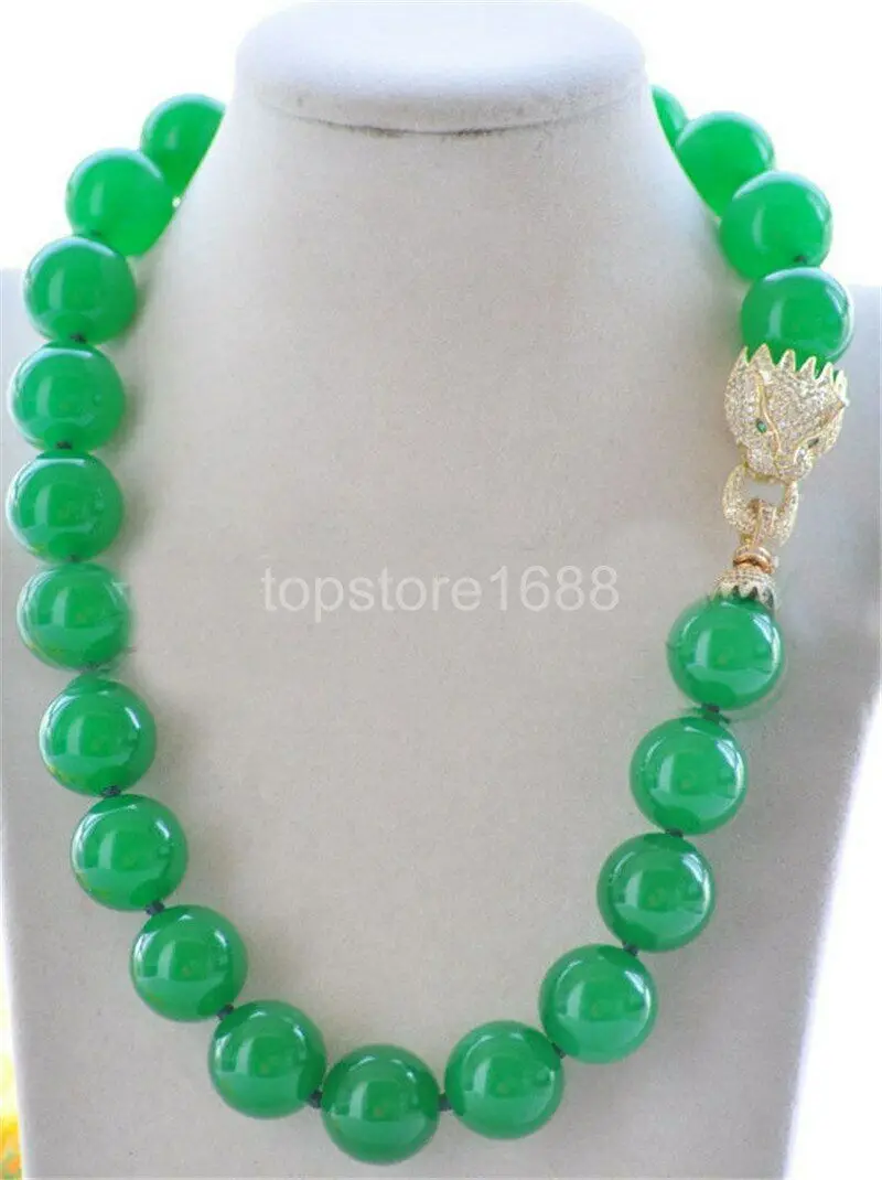 

Huge 18mm Round Green Jade Bead Necklace Cougar zircon Leopard head clasp 18inch