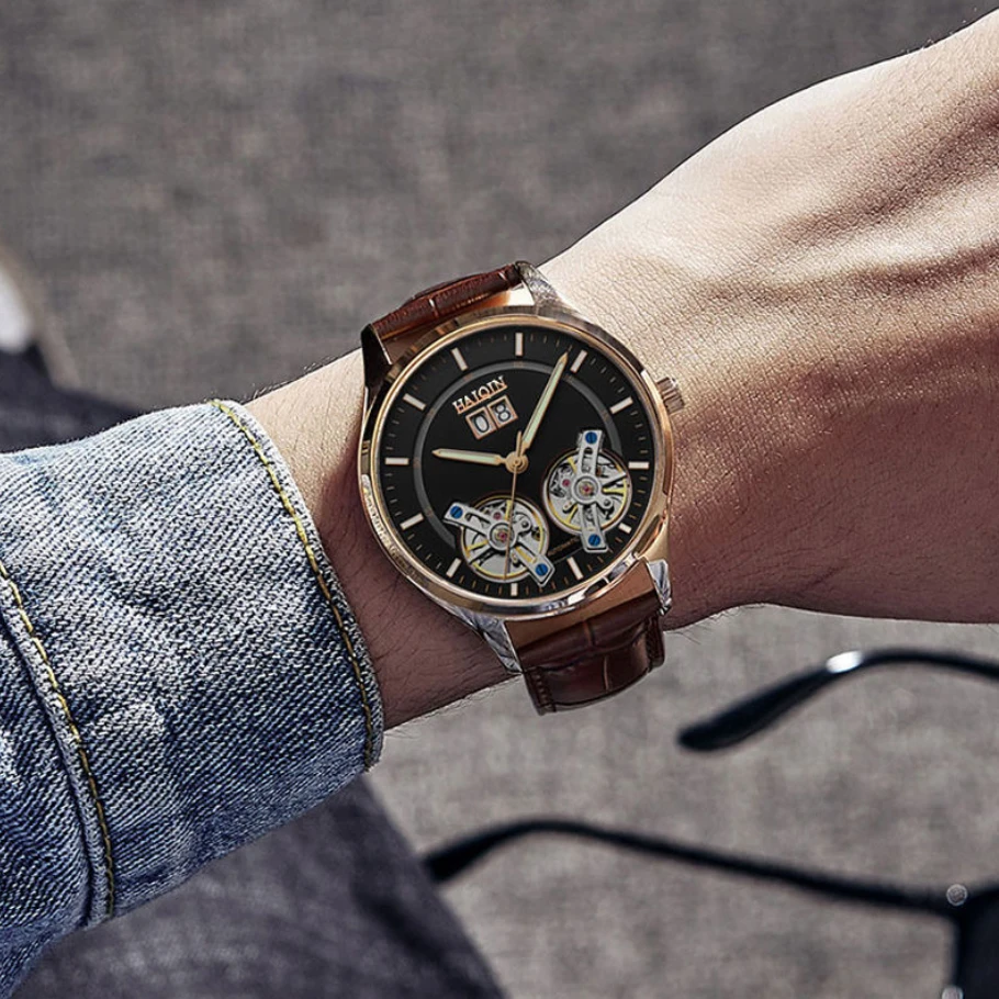 Часы HAIQIN мужские автоматические механические золотые спортивные