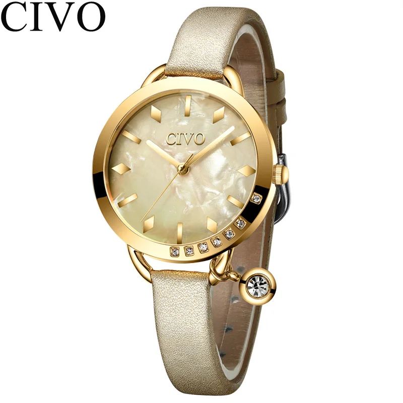 leather yellow Relogio feminino CIVO модный синий кожаный ремешок женские наручные часы Роскошные Кристальные водонепроницаемые повседневные часы женские подарочные часы - Цвет: leather yellow