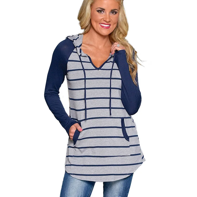 

Spring and autumn women's striped hooded bottom shirt with long sleeves
