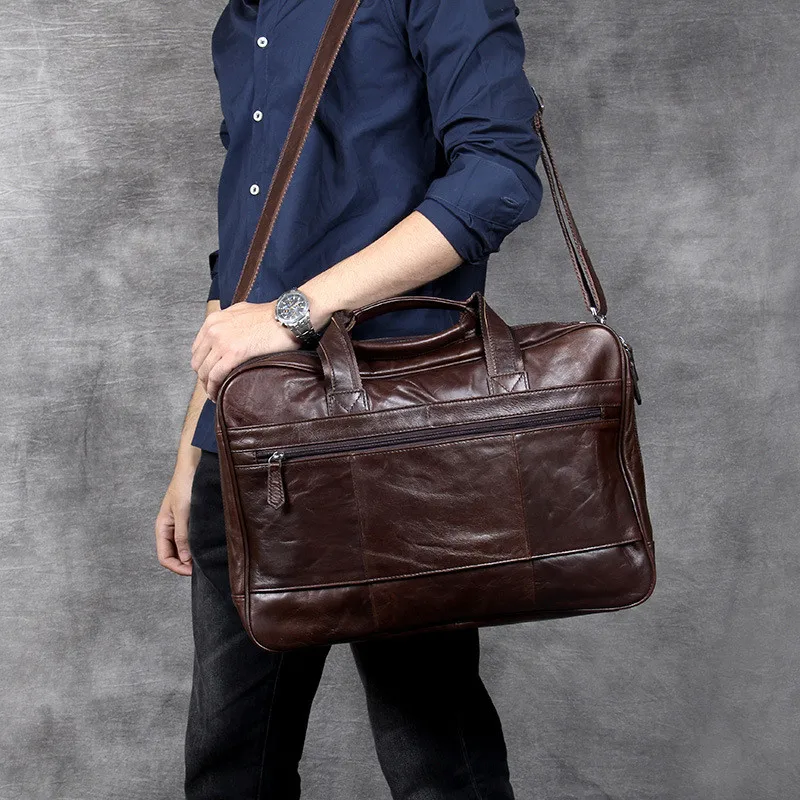 Retro high quality Genuine leather men's briefcase handbag casual simple natural leather large capacity laptop bag travel bag