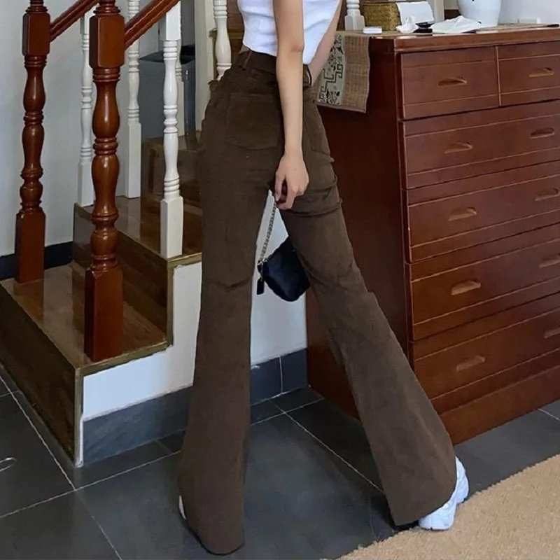 

QWEEK Y2K Women Jeans Pants Vintage Brown High Waist Jeans Harajuku Aesthetic Denim Trousers Female 90s Flare Pants 2021 Fashion