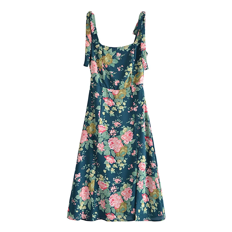 

YENKYE Summer 2022 Women Vintage Floral Print Sexy Slits Chiffon Dress Ladies Tie Shoulder A-line Midi Prairie Chic Vestido