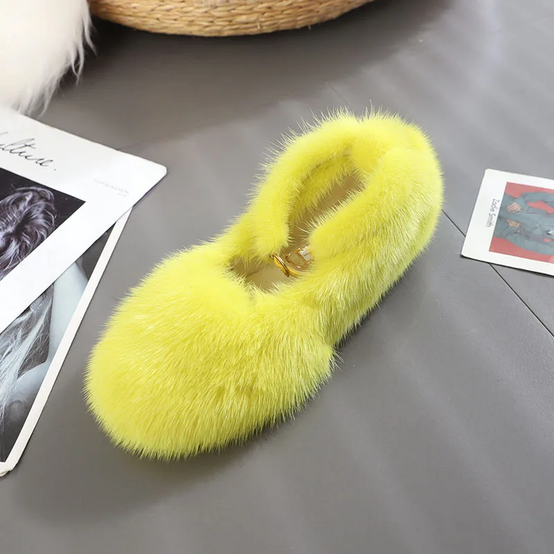 

Mink Women's Shoes Real Fur Lace Up Lefo Shoes Antiskid Wear-Resistant Flat Bottom Casual Shoes Fashion