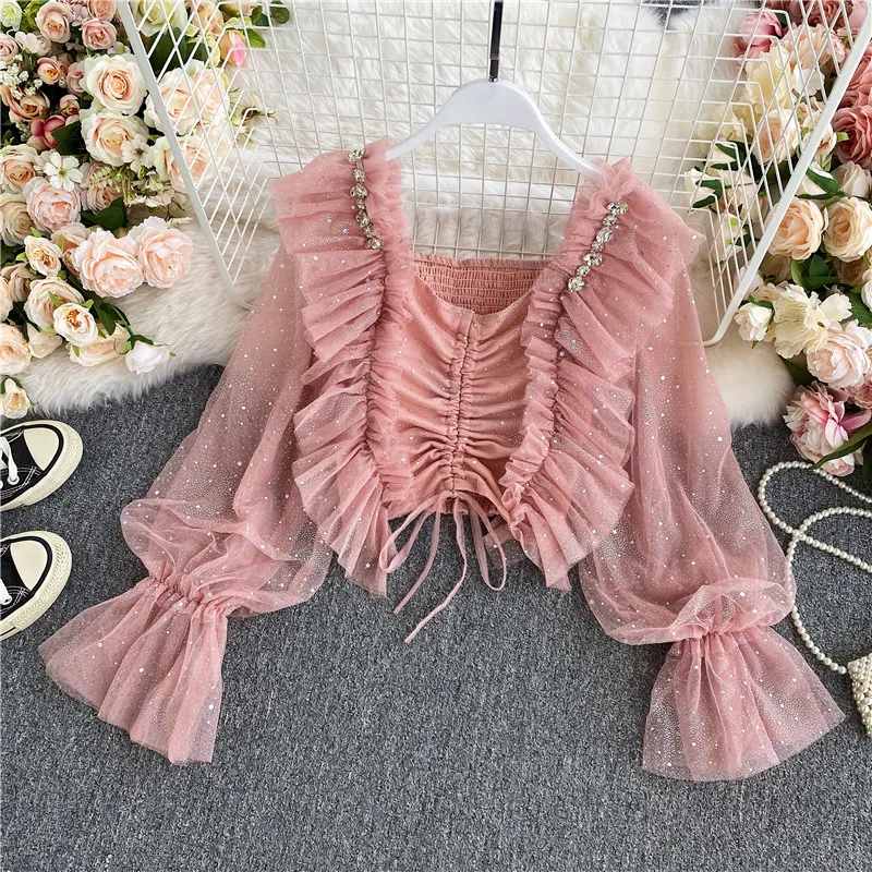 

French square neck mesh chiffon shirt top 2021The New spring and fall new sweet super fairy pleated drawstring short ruffled t