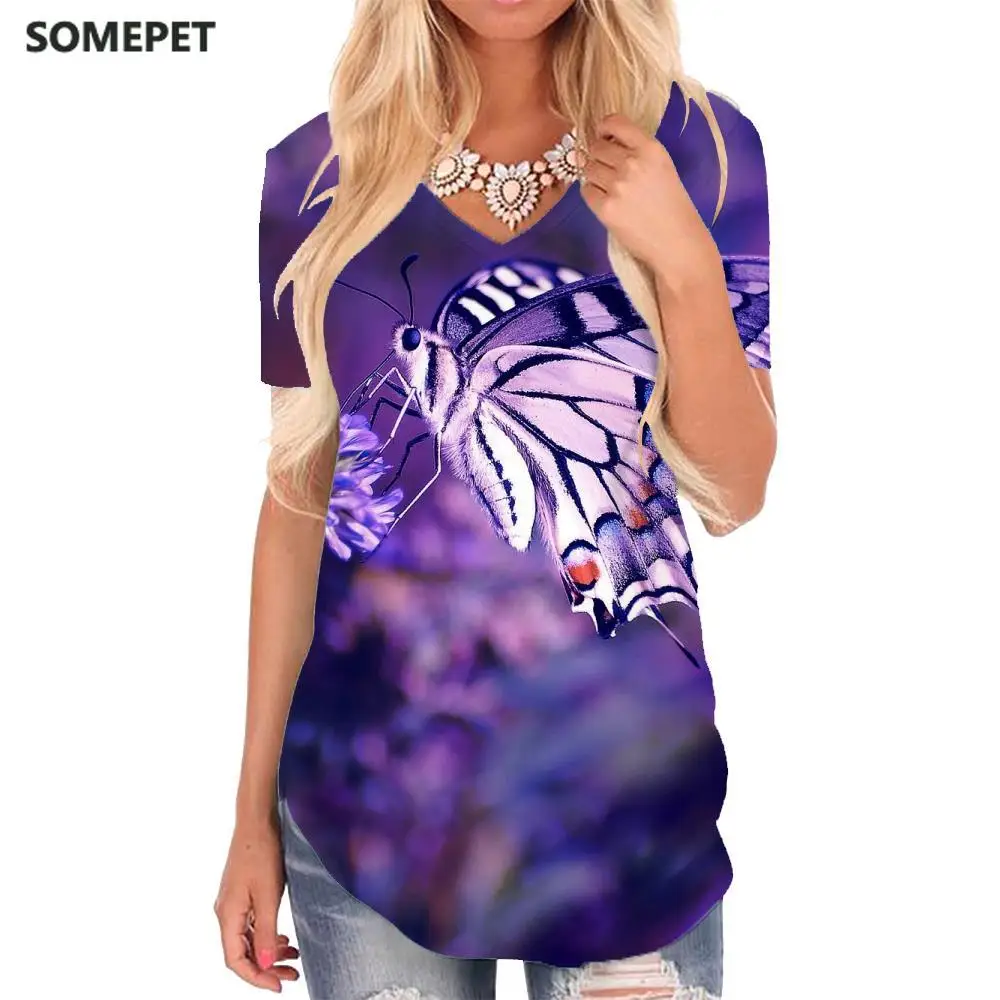 

SOMEPET Butterfly T Shirt Women Animal Funny T shirts Flowers T-shirts 3d Landscape V-neck Tshirt Womens Clothing Fashion Loose