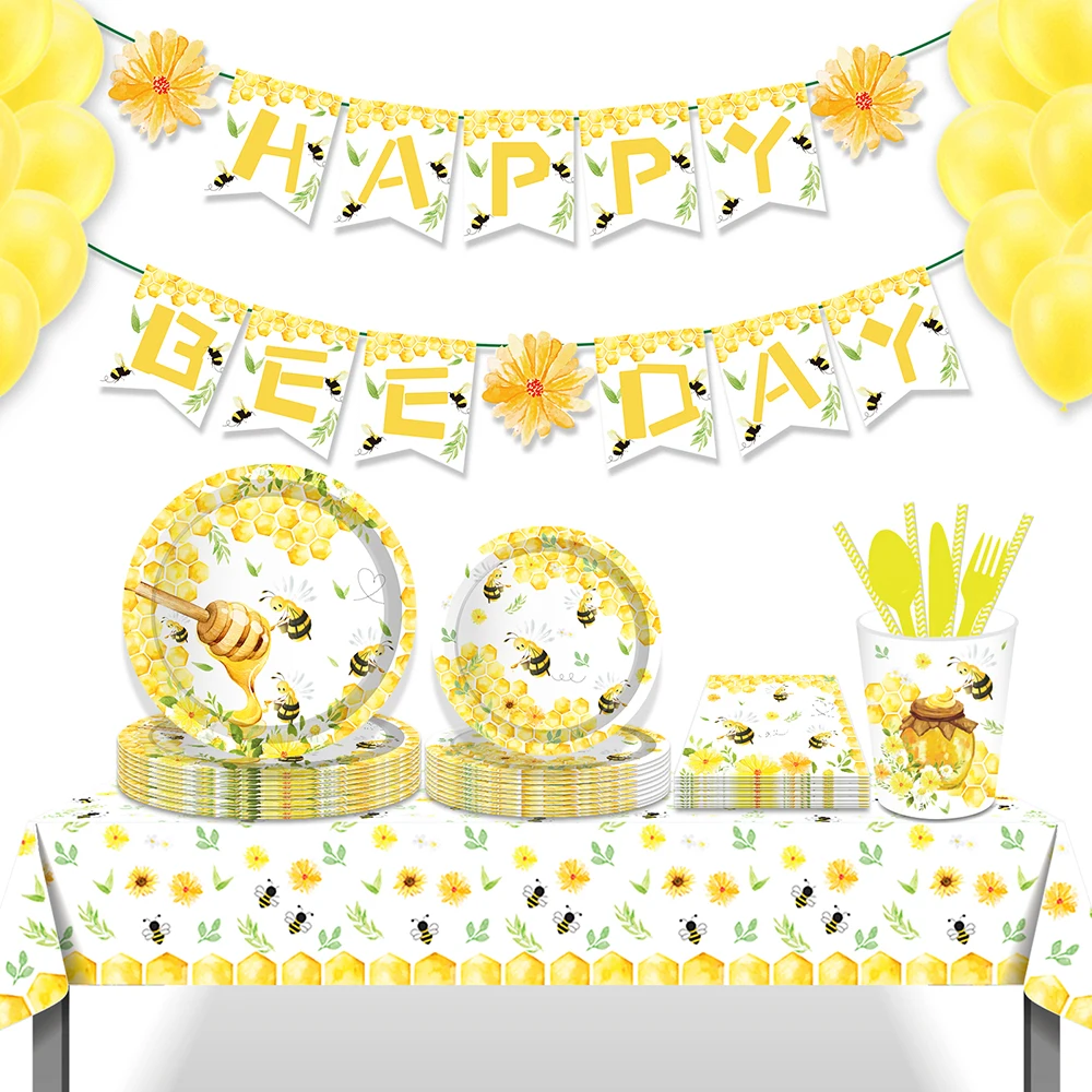 

Sweet Hapy Honey Bee Day Spring Baby Shower Birthday Party Decorations Disposable Tableware Sets Plates Cups Banner Decorations