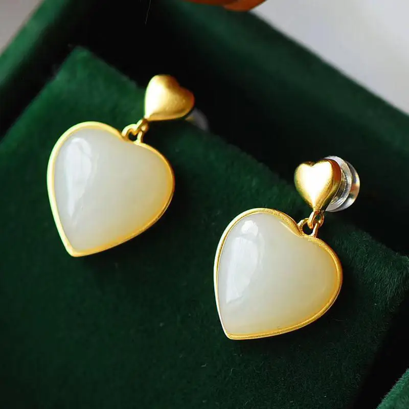 

Classic Peach Heart Stud Earring Hetian Jade Love Heart Earrings Heart-Shaped Jade Earrings Simple High Sense Frosty Style Earri